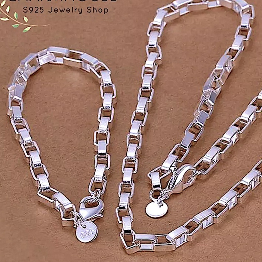 Sterling Silver Box Chain Link Unisex Necklace Matching Bracelet Set